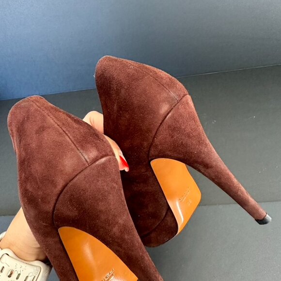 Gucci Cocoa Nappa Charlotte Platform Pumps Heels Size 38 - Picture 9 of 15